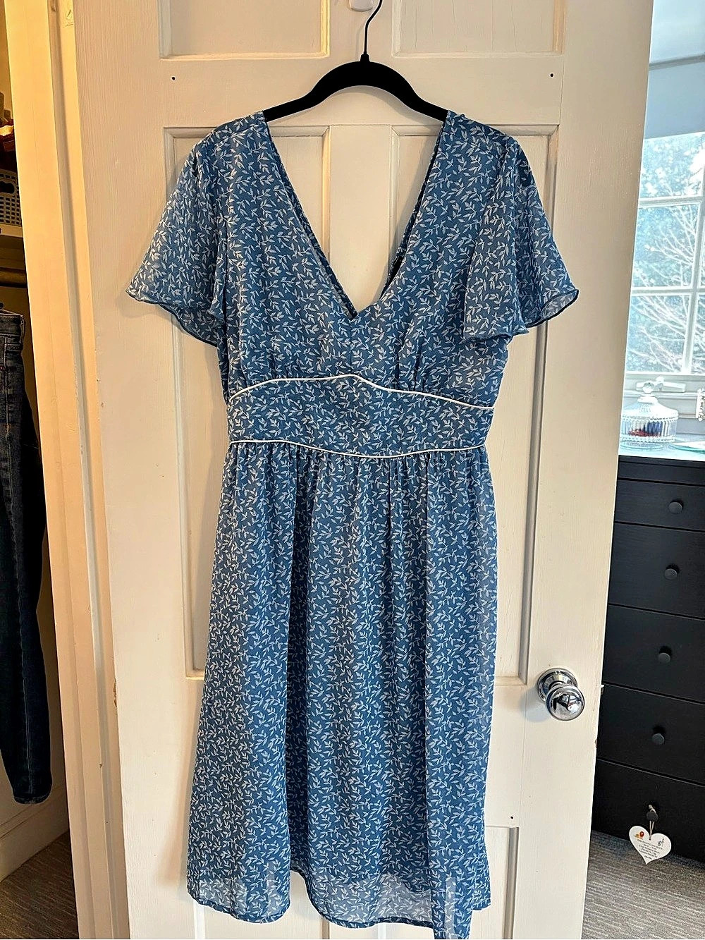 Blue Floral V-Neck Midi Dress Like New